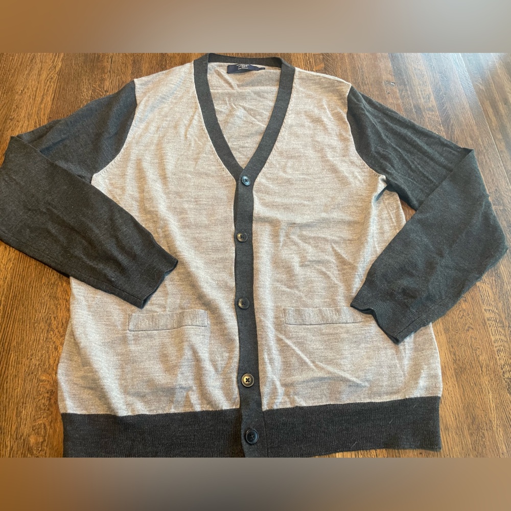J Crew Gray Cardigan Merino Wool Classic Preppy Professor - Size L